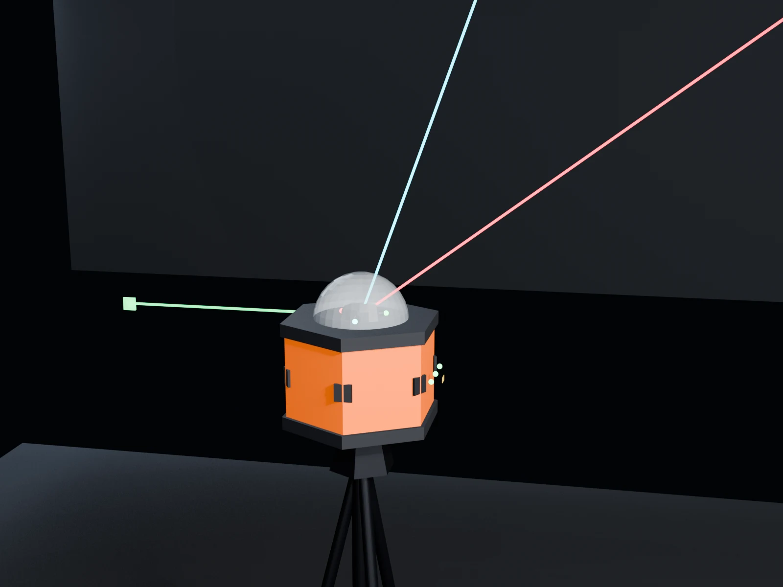 Concept visualization: a tripod-mounted projection device casting three color-coded laser beams onto a wall