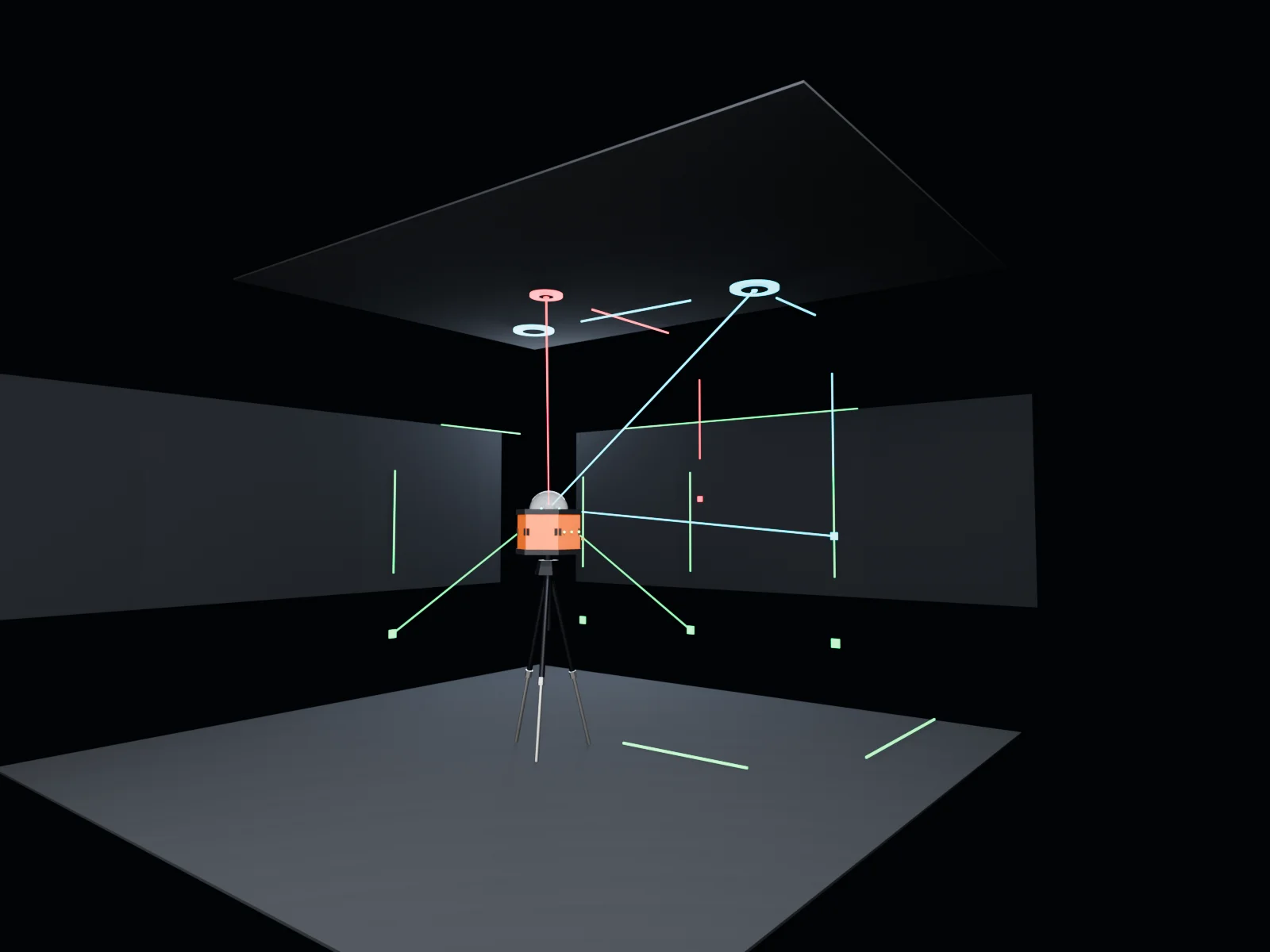 Concept visualization: the device in a room projecting a full electrical plan — green socket and cable lines on the walls and floor, cyan luminaire rings on the ceiling, a red fire-alarm line